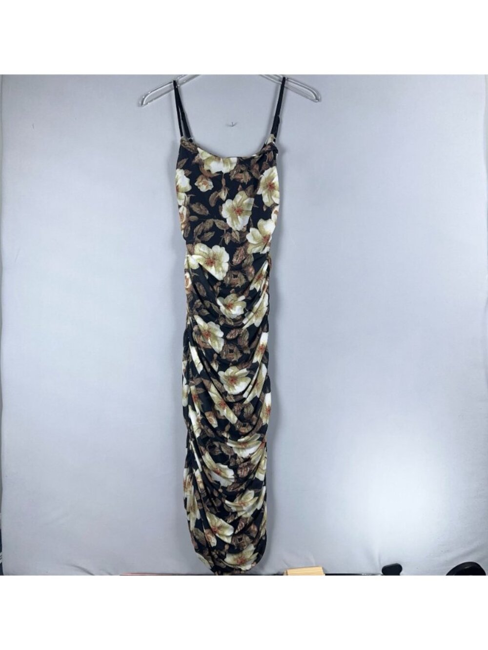 Lulus Ruched Dress Size Medium Mesh Floral Print Sleeveless Strappy Back Black - Picture 5 of 13